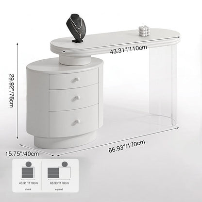 Contemporary Extendable Vanity Desk With 3-Drawer Storage Makeup Vanity - Nordic White MDF Dressing Table, Oval Desktop For Bedroom
