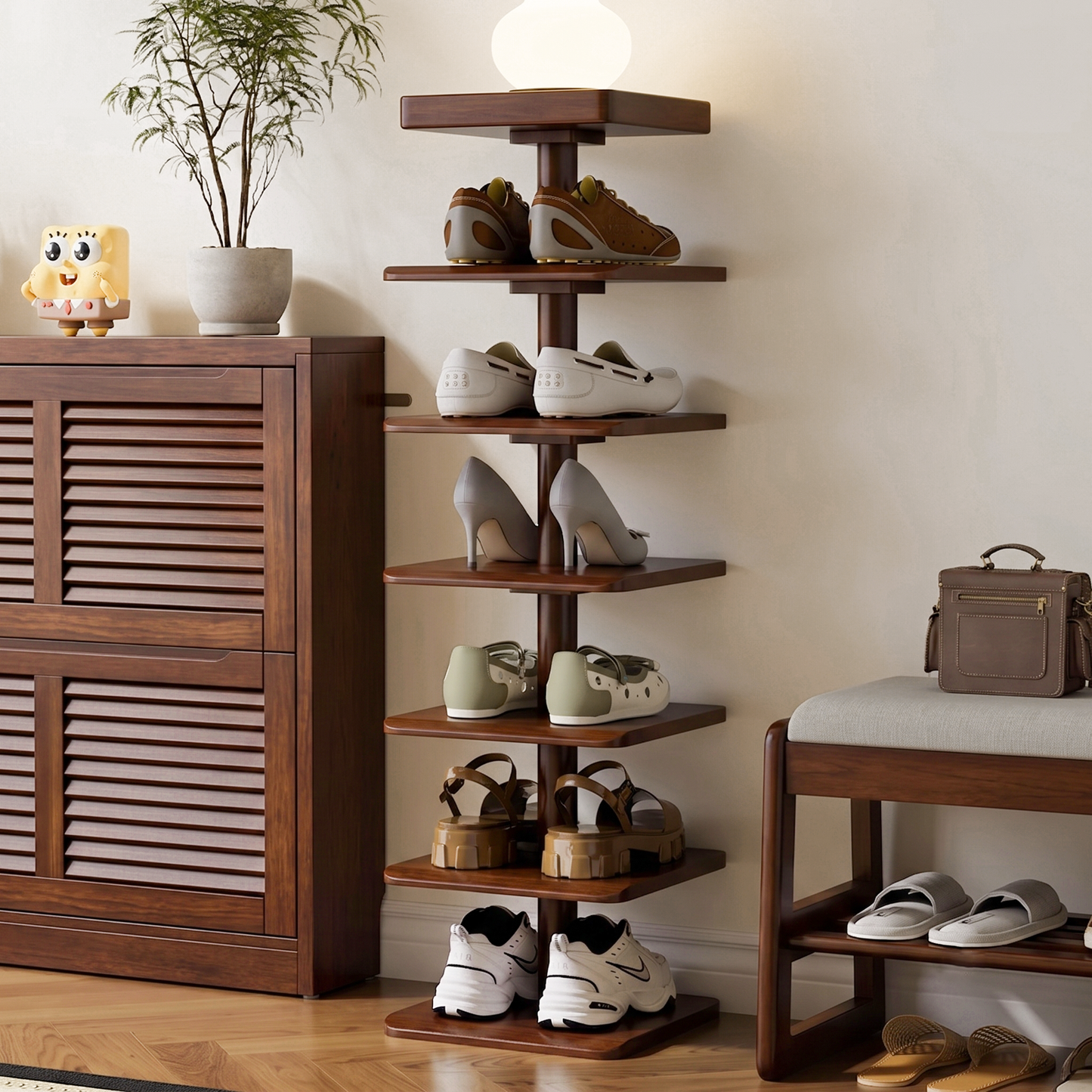 Modern Minimalist Rubberwood Square Shoe Storage 4/6-Tier Narrow & Space-Saving Shoe Rack For Entryway