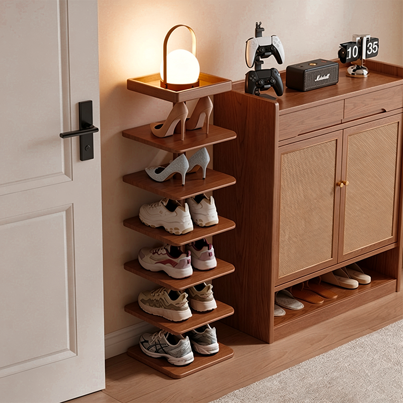 Modern Minimalist Rubberwood Square Shoe Storage 4/6-Tier Narrow & Space-Saving Shoe Rack For Entryway