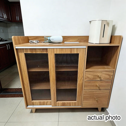 Traditional Japanese Rectangular Solid Wood MDF Artificial Board Acrylic Sideboard Cabinet 3-Drawer For Dining Room & Living Room