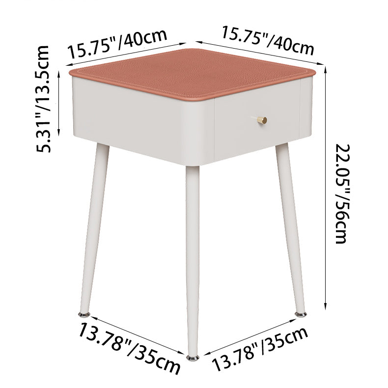 Contemporary Nordic Tempered Glass PP Iron Square Leather Texture Nightstand With 1 Drawer For Bedroom