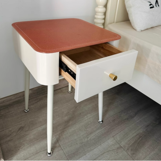 Contemporary Nordic Tempered Glass PP Iron Square Leather Texture Nightstand With 1 Drawer For Bedroom