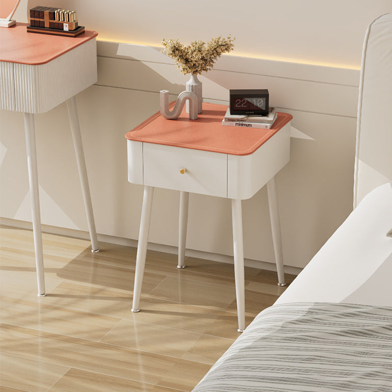 Contemporary Nordic Tempered Glass PP Iron Square Leather Texture Nightstand With 1 Drawer For Bedroom