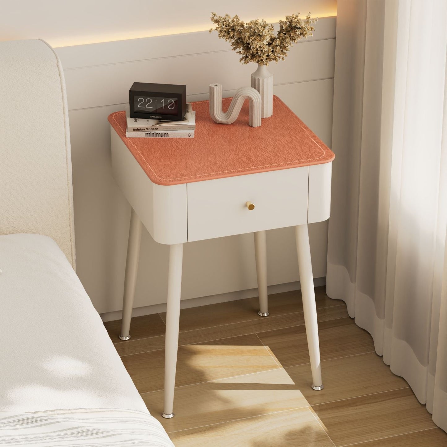 Contemporary Nordic Tempered Glass PP Iron Square Leather Texture Nightstand With 1 Drawer For Bedroom