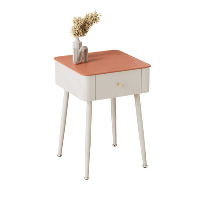 Contemporary Nordic Tempered Glass PP Iron Square Leather Texture Nightstand With 1 Drawer For Bedroom