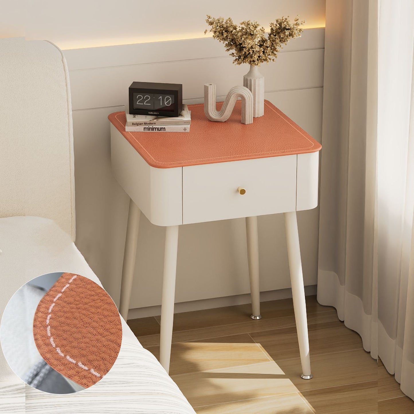 Contemporary Nordic Tempered Glass PP Iron Square Leather Texture Nightstand With 1 Drawer For Bedroom