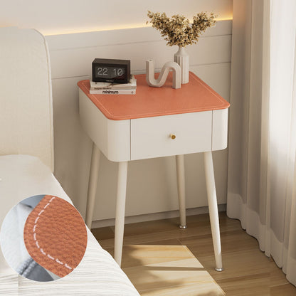 Contemporary Nordic Tempered Glass PP Iron Square Leather Texture Nightstand With 1 Drawer For Bedroom