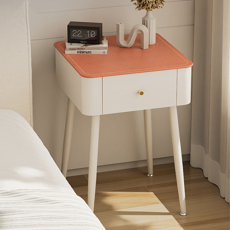 Contemporary Nordic Tempered Glass PP Iron Square Leather Texture Nightstand With 1 Drawer For Bedroom