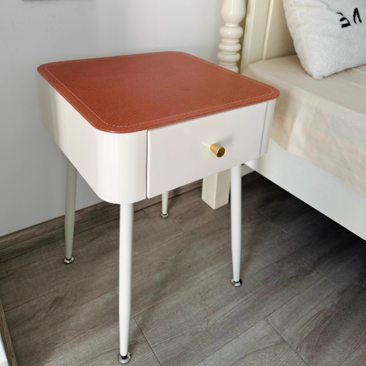 Contemporary Nordic Tempered Glass PP Iron Square Leather Texture Nightstand With 1 Drawer For Bedroom