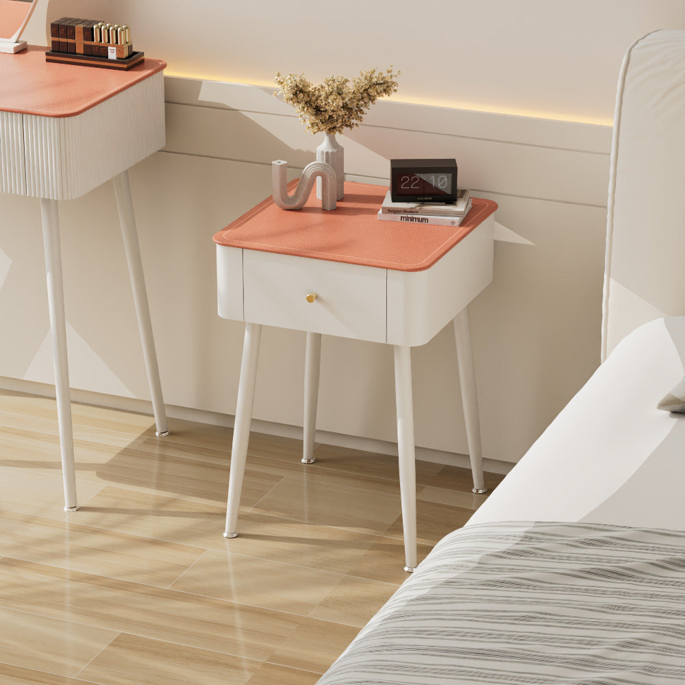 Contemporary Nordic Tempered Glass PP Iron Square Leather Texture Nightstand With 1 Drawer For Bedroom