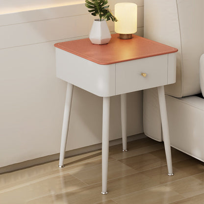 Contemporary Nordic Tempered Glass PP Iron Square Leather Texture Nightstand With 1 Drawer For Bedroom