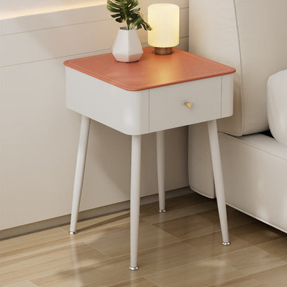 Contemporary Nordic Tempered Glass PP Iron Square Leather Texture Nightstand With 1 Drawer For Bedroom