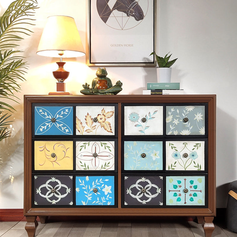 Traditional Vintage Rectangular Medium Density Fiberboard Solid Wood Side Table 6-Drawer For Living Room
