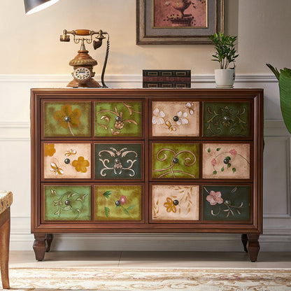 Traditional Vintage Rectangular Medium Density Fiberboard Solid Wood Side Table 6-Drawer For Living Room