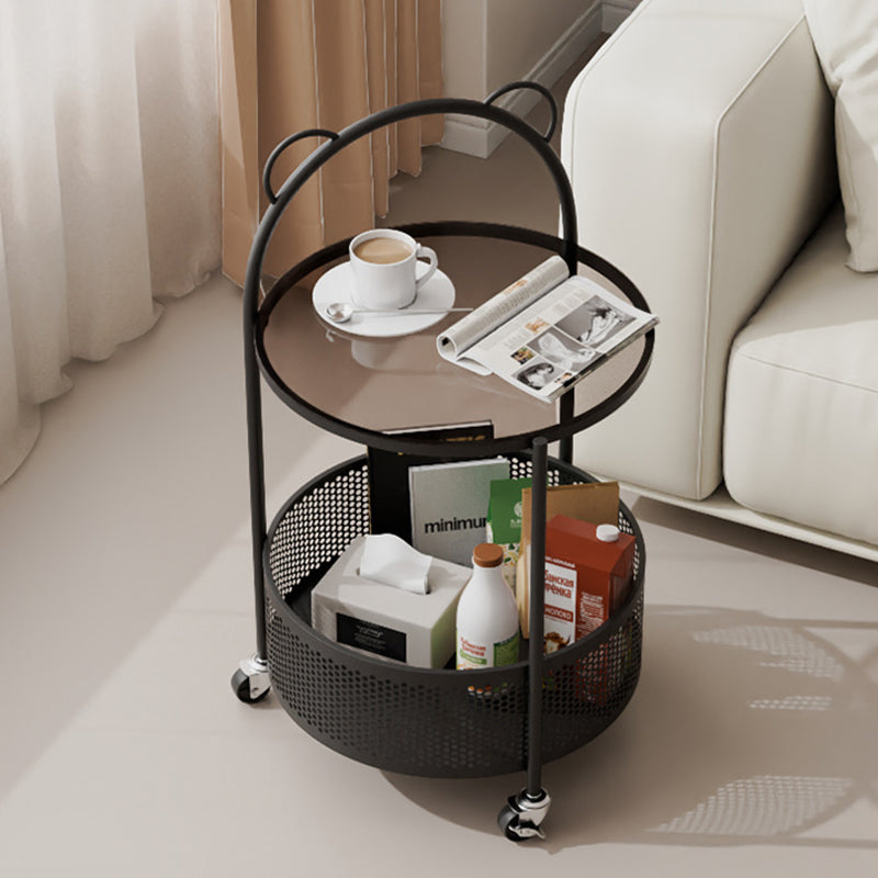 Modern Minimalist Cylindrical Carbon Steel Glass Side Table 1-Tier For Living Room