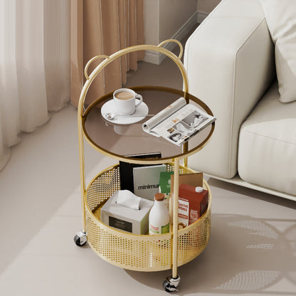 Modern Minimalist Cylindrical Carbon Steel Glass Side Table 1-Tier For Living Room