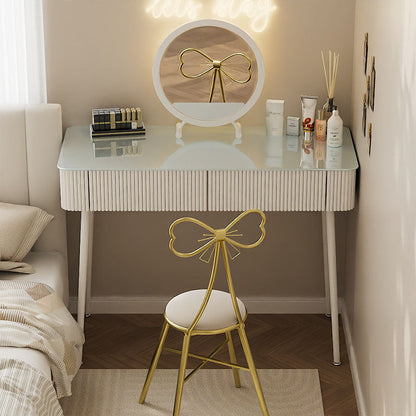 Modern Minimalist Rectangular Round Tempered Glass PP Carbon Steel Makeup Vanity 2-Drawer For Bedroom