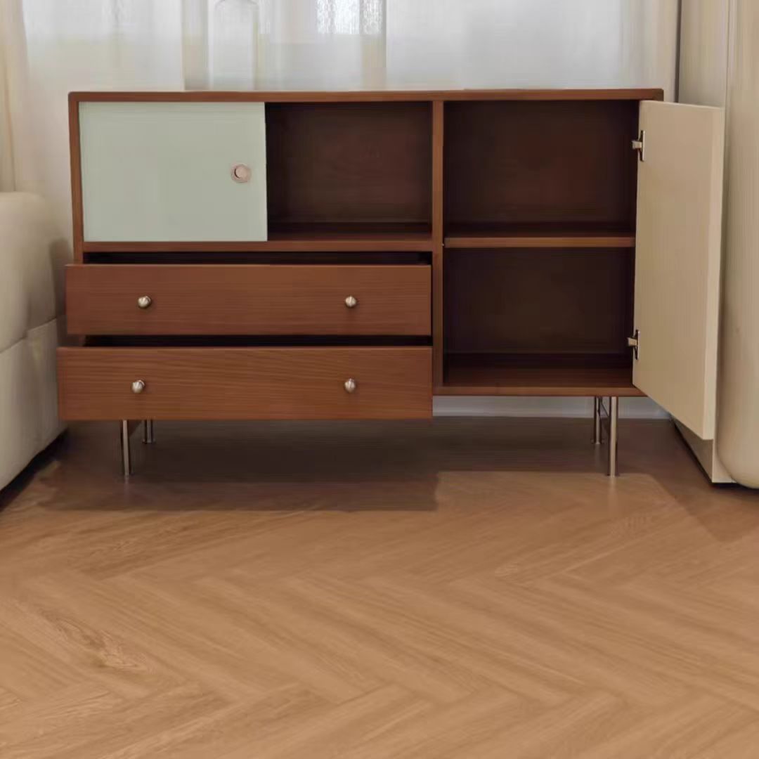 Contemporary Scandinavian Rectangular Solid Wood Medium Density Fiberboard Stainless Steel Storage Cabinet 2-Drawer For Living Room