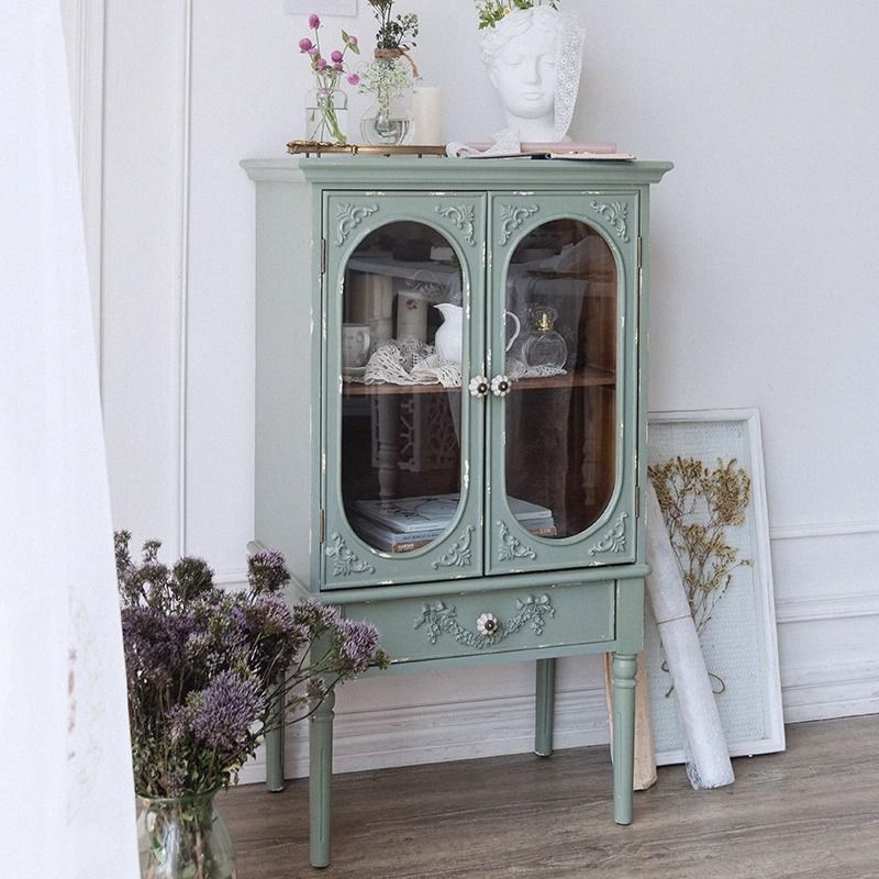 Traditional French Carved Design Rectangular Solid Wood Medium Density Fiberboard Glass Side Table 1-Cabinet For Living Room