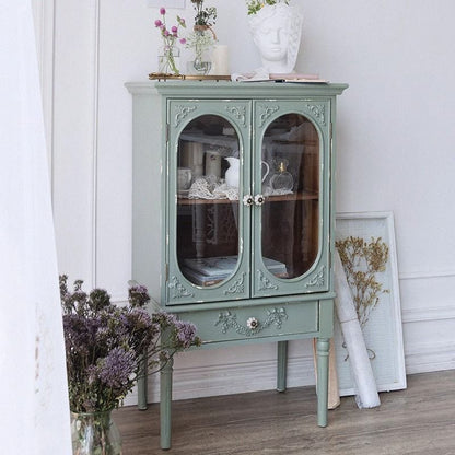 Traditional French Carved Design Rectangular Solid Wood Medium Density Fiberboard Glass Side Table 1-Cabinet For Living Room