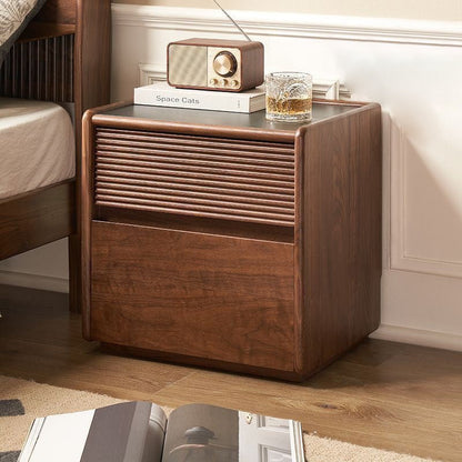 Contemporary Scandinavian Rectangular Stone Slab Solid Wood Nightstand 2-Drawer For Bedroom
