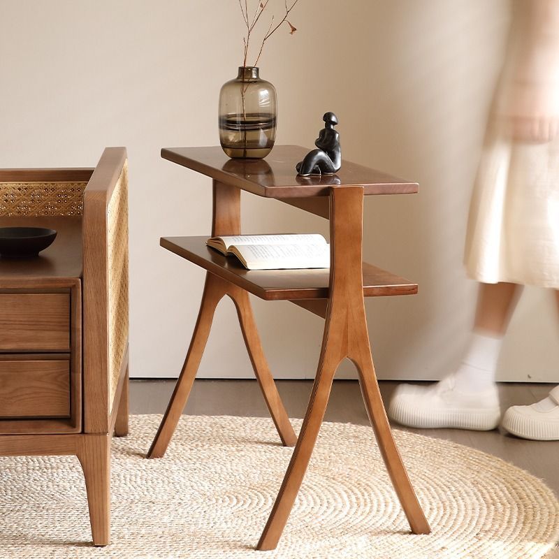 Traditional Vintage Rubberwood Solid Wood Side Table 2-Tier For Living Room