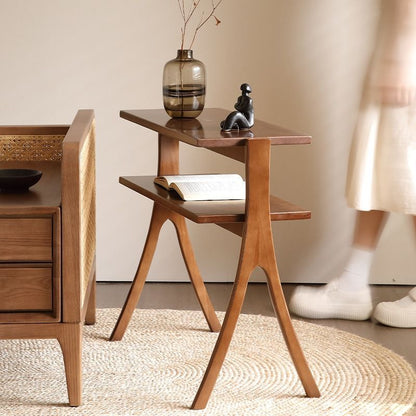 Traditional Vintage Rubberwood Solid Wood Side Table 2-Tier For Living Room