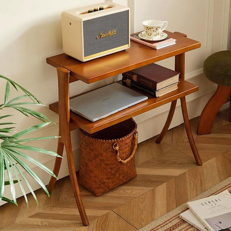 Traditional Vintage Rubberwood Solid Wood Side Table 2-Tier For Living Room