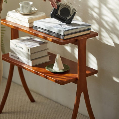 Traditional Vintage Rubberwood Solid Wood Side Table 2-Tier For Living Room