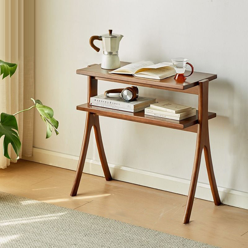 Traditional Vintage Rubberwood Solid Wood Side Table 2-Tier For Living Room