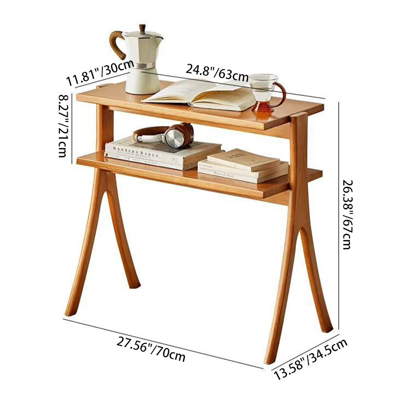 Traditional Vintage Rubberwood Solid Wood Side Table 2-Tier For Living Room