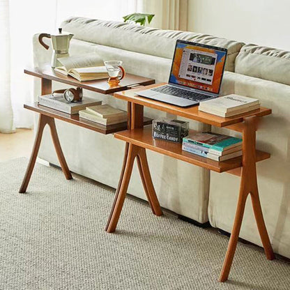 Traditional Vintage Rubberwood Solid Wood Side Table 2-Tier For Living Room