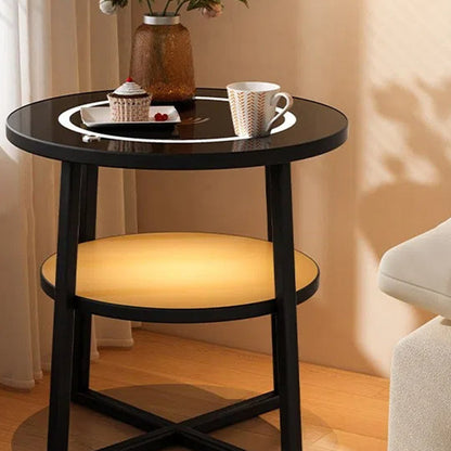 Modern Minimalist Round Iron Synthetic Wood Glass Lighting Wireless Charging Side Table 2/3-Tier For Living Room