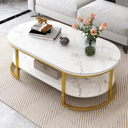 Contemporary Luxury Oval Medium Density Fiberboard Iron Coffee Table With 2-Tier For Living Room