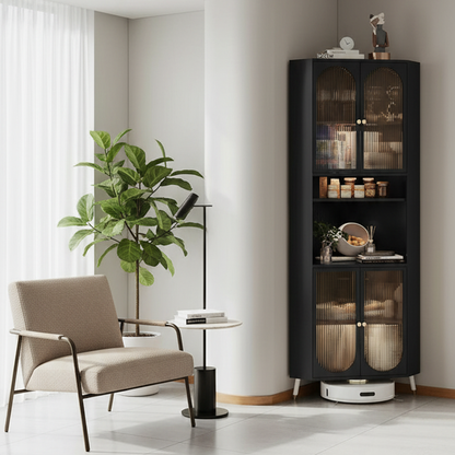 Contemporary Scandinavian Triangular Cold-Rolled Steel Tempered Glass Corner Cabinet 2-Cabinet 2-Tier For Living Room