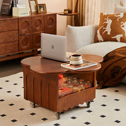 Traditional Vintage Floral-Shaped Ash Wood Plywood Acrylic Movable Coffee Table 1-Cabinet For Living Room