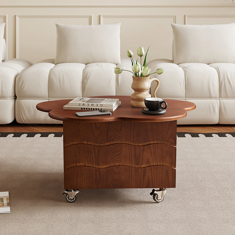 Traditional Vintage Floral-Shaped Ash Wood Plywood Acrylic Movable Coffee Table 1-Cabinet For Living Room