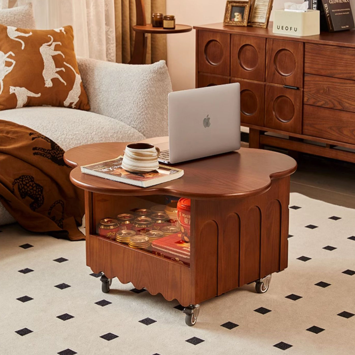 Traditional Vintage Floral-Shaped Ash Wood Plywood Acrylic Movable Coffee Table 1-Cabinet For Living Room