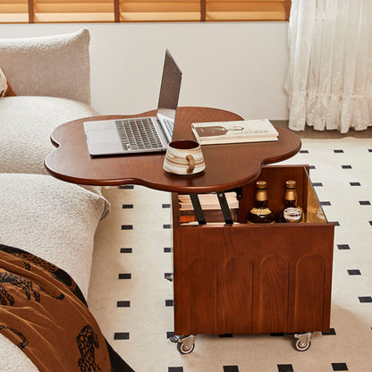 Traditional Vintage Floral-Shaped Ash Wood Plywood Acrylic Movable Coffee Table 1-Cabinet For Living Room