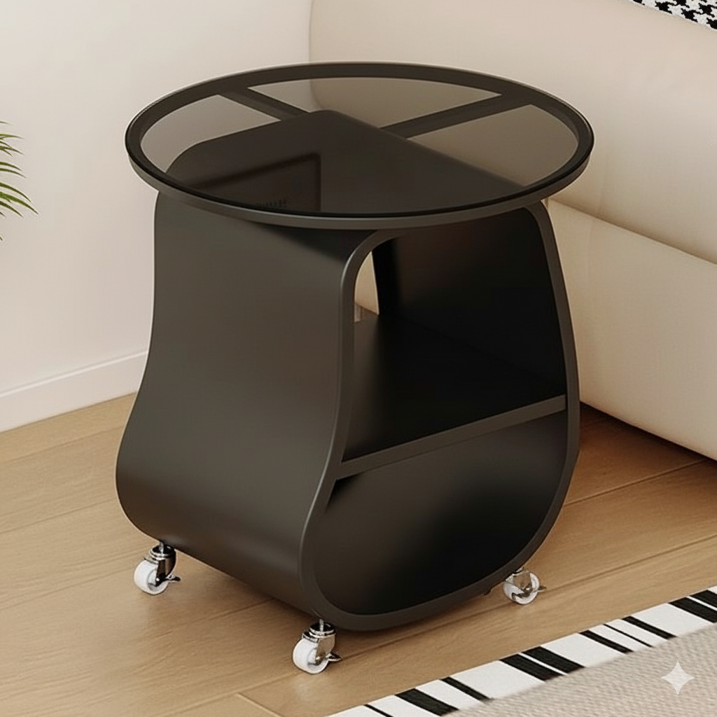 Contemporary Scandinavian Round Iron Plywood Tempered Glass Side Table 2-Tier For Living Room