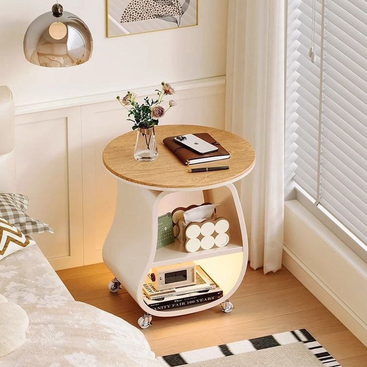 Contemporary Scandinavian Round Iron Plywood Tempered Glass Side Table 2-Tier For Living Room