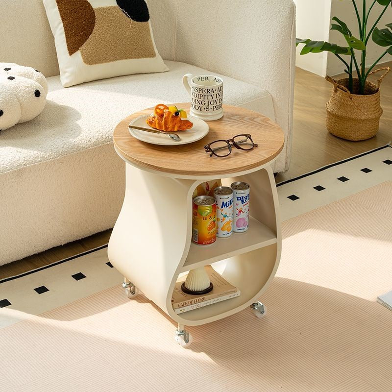 Contemporary Scandinavian Round Iron Plywood Tempered Glass Side Table 2-Tier For Living Room