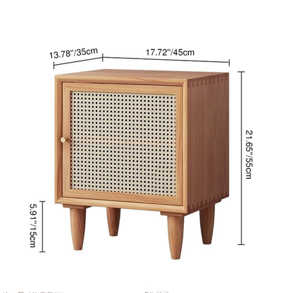 Traditional Chinese Square Pine Solid Wood Plywood Rattan Glass Nightstand 1-Cabinet For Bedroom