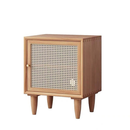 Traditional Chinese Square Pine Solid Wood Plywood Rattan Glass Nightstand 1-Cabinet For Bedroom