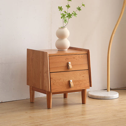Contemporary Scandinavian Square Cherry Wood Poplar Wood Nightstand 2-Drawer For Bedroom