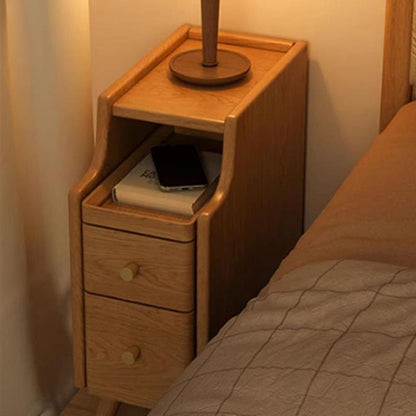 Contemporary Scandinavian Rectangular Rubberwood Space-Saving Nightstand 1-Tier 2-Drawer For Bedroom