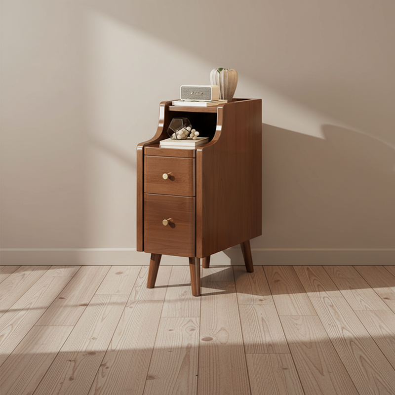 Contemporary Scandinavian Rectangular Rubberwood Space-Saving Nightstand 1-Tier 2-Drawer For Bedroom