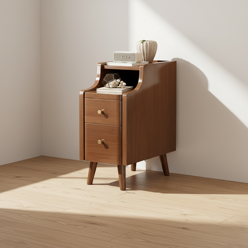 Contemporary Scandinavian Rectangular Rubberwood Space-Saving Nightstand 1-Tier 2-Drawer For Bedroom