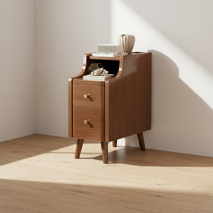Contemporary Scandinavian Rectangular Rubberwood Space-Saving Nightstand 1-Tier 2-Drawer For Bedroom