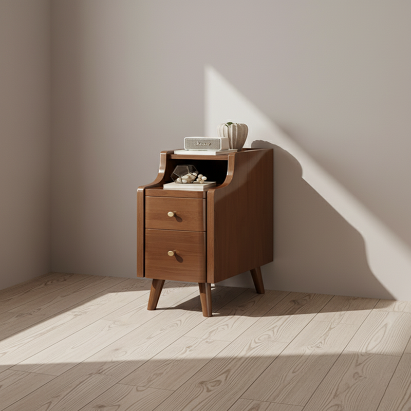 Contemporary Scandinavian Rectangular Rubberwood Space-Saving Nightstand 1-Tier 2-Drawer For Bedroom